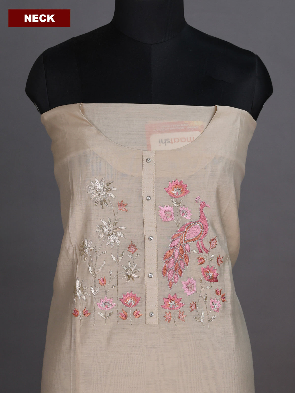 Beige and Peachi Pink Chandri Dress Material With Embroidery Work Pattern and Bottom & Dupatta