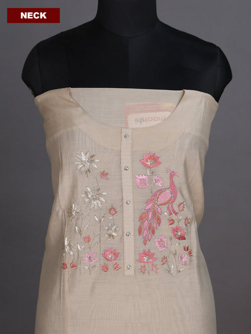 Beige and Peach Pink Chanderi Dress Material With Embroidery Work Pattern and Bottom & Dupatta