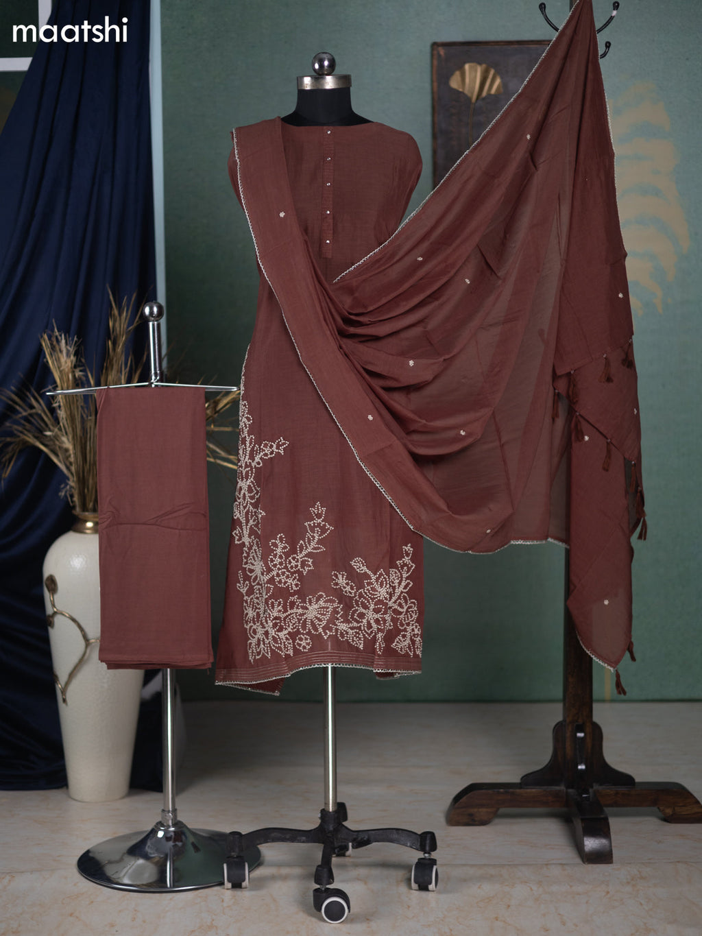 Brown Mul Chanderi Dress Material With French Knot Work