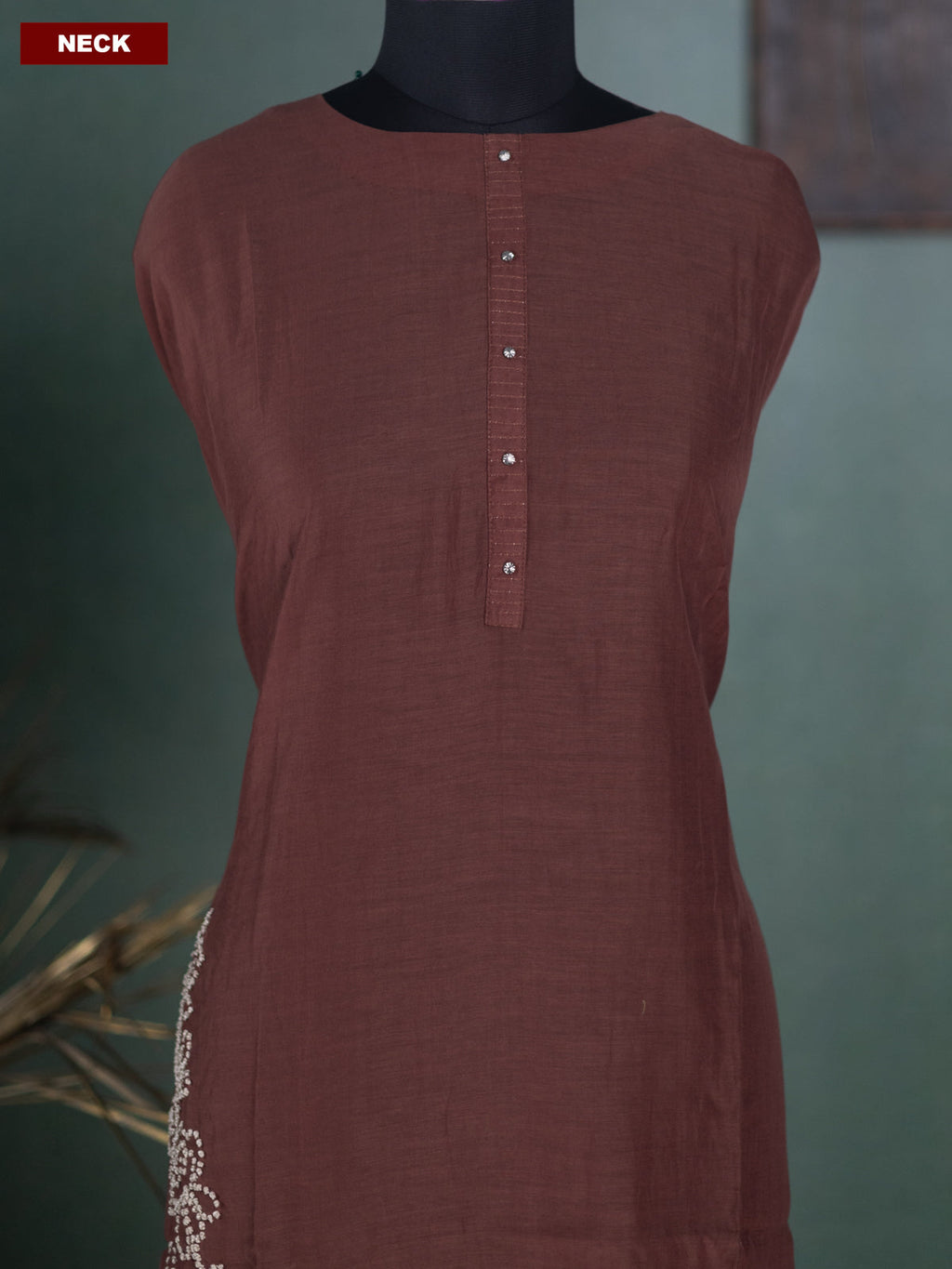 Brown Mul Chanderi Dress Material With French Knot Work