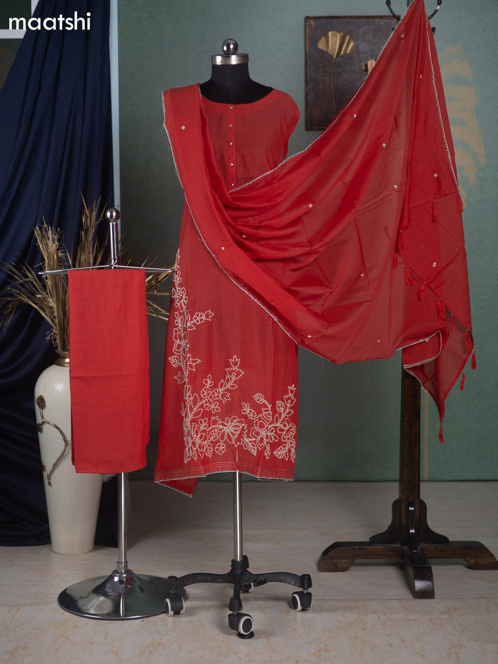 Red Mul Chanderi Dress Material With French Knot Work