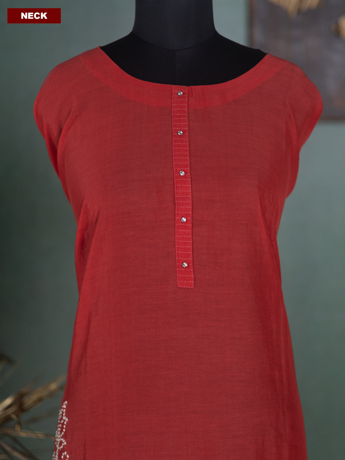Red Mul Chanderi Dress Material With French Knot Work