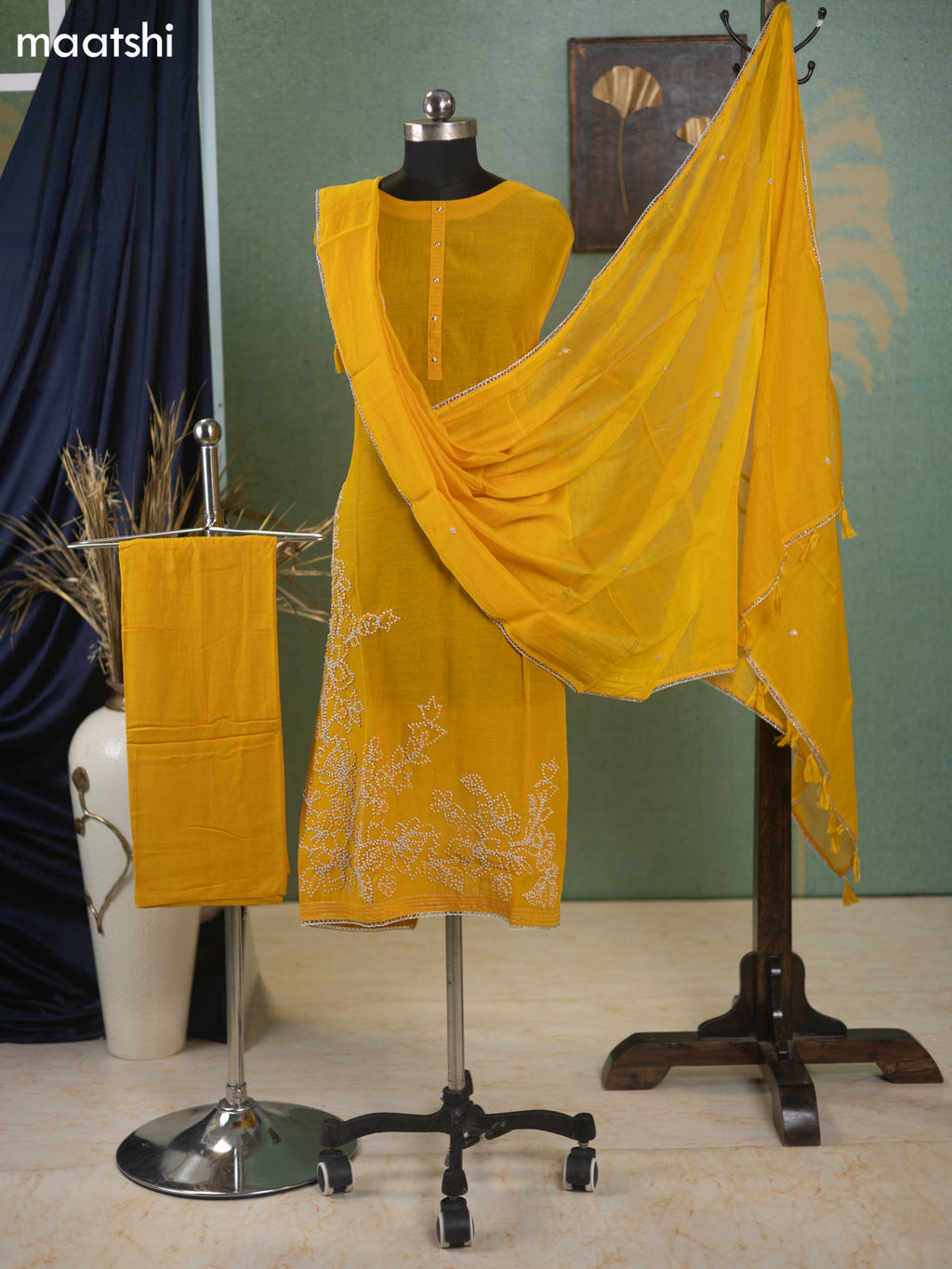 Mango Yellow Mul Chanderi Dress Material With French Knot Work