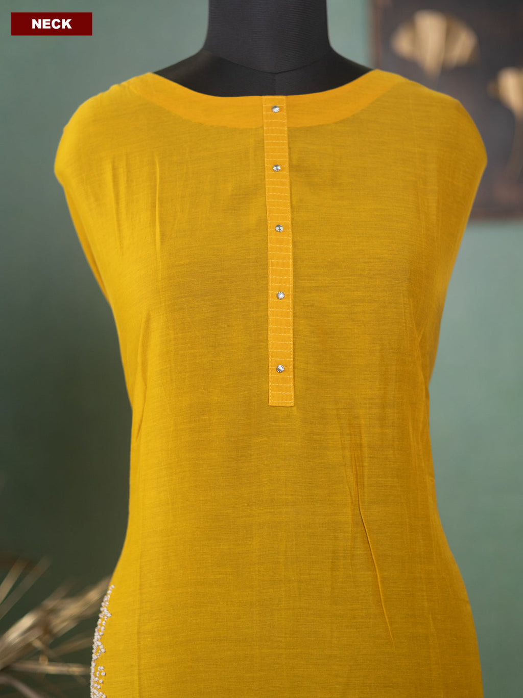 Mango Yellow Mul Chanderi Dress Material With French Knot Work