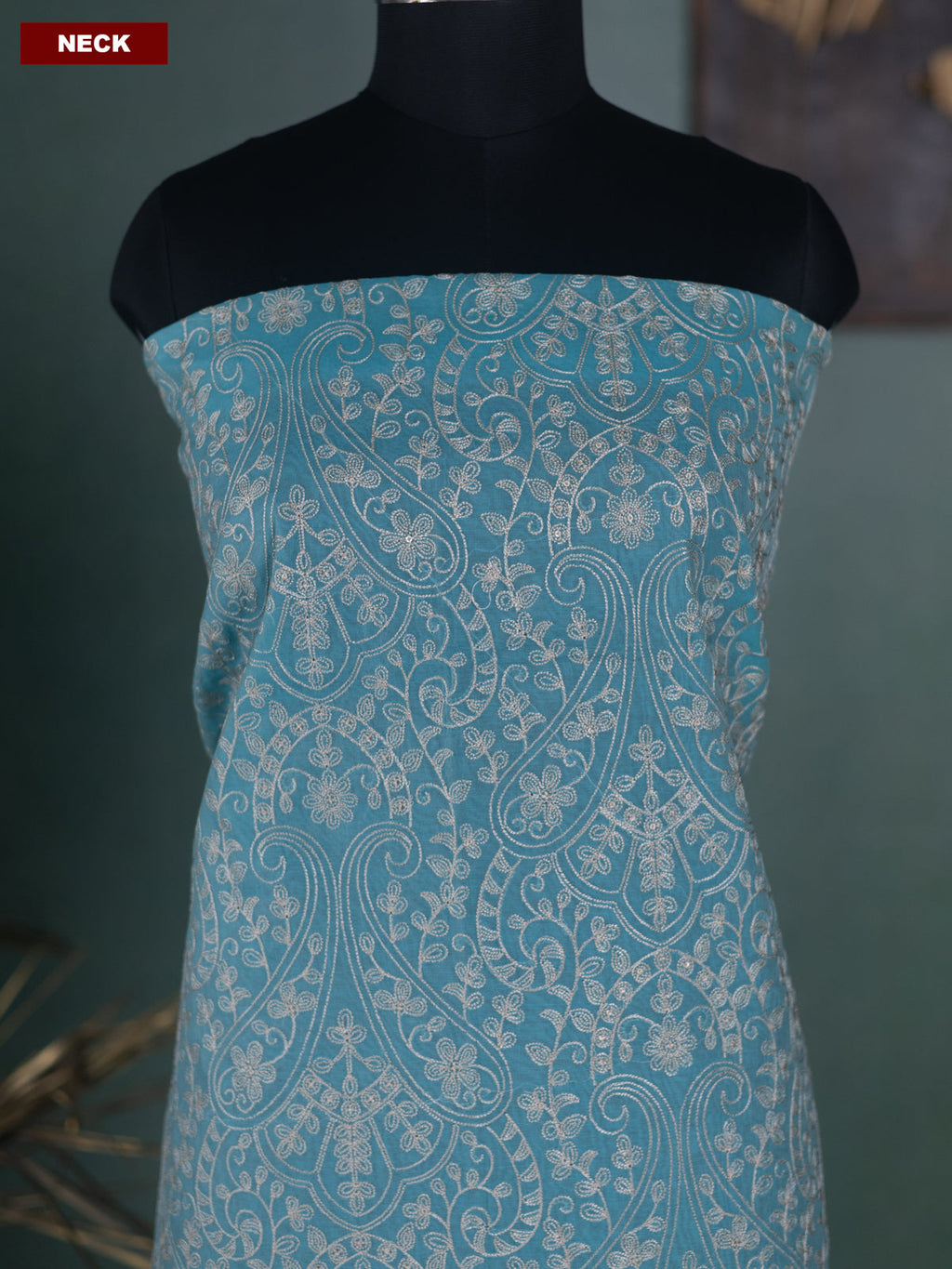 Light Blue and Off White Mul Chanderi Dress Material With Allover Floral Embroidery Work