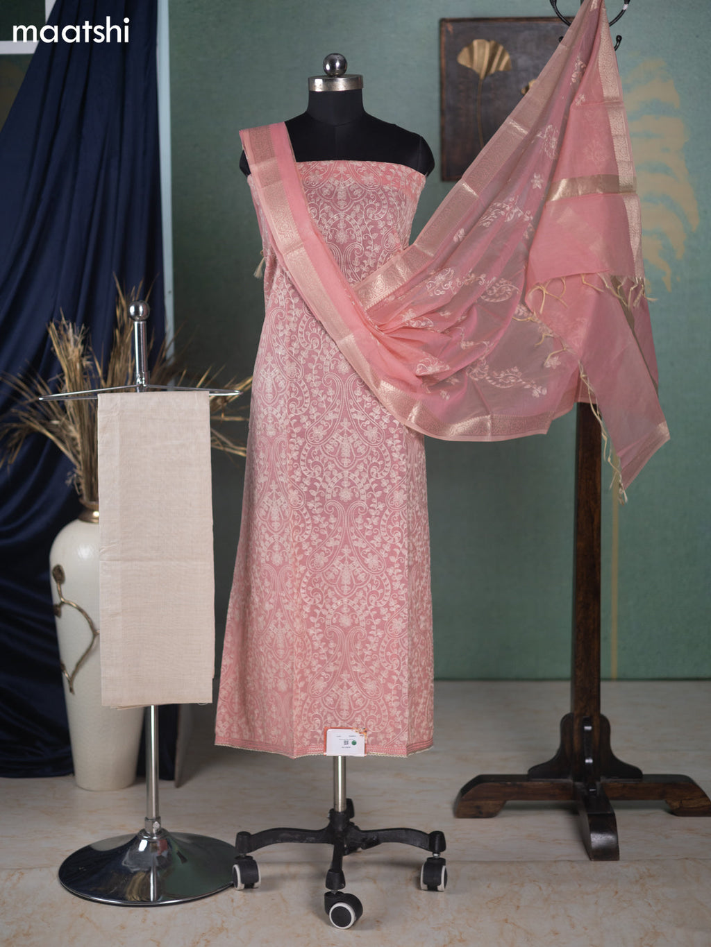 Peach Pink and Off White Mul Chanderi Dress Material With Allover Floral Embroidery Work