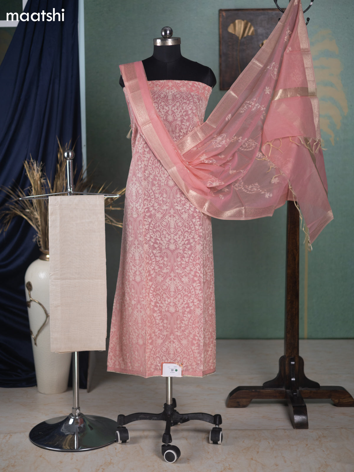 Peach Pink and Off White Mul Chanderi Dress Material With Allover Floral Embroidery Work