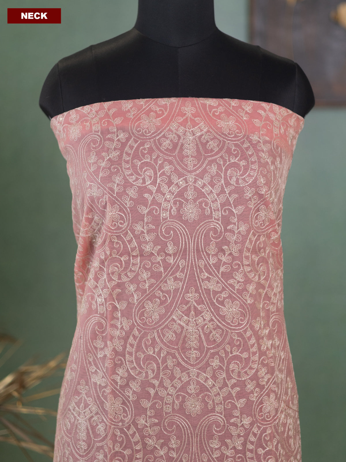 Peach Pink and Off White Mul Chanderi Dress Material With Allover Floral Embroidery Work