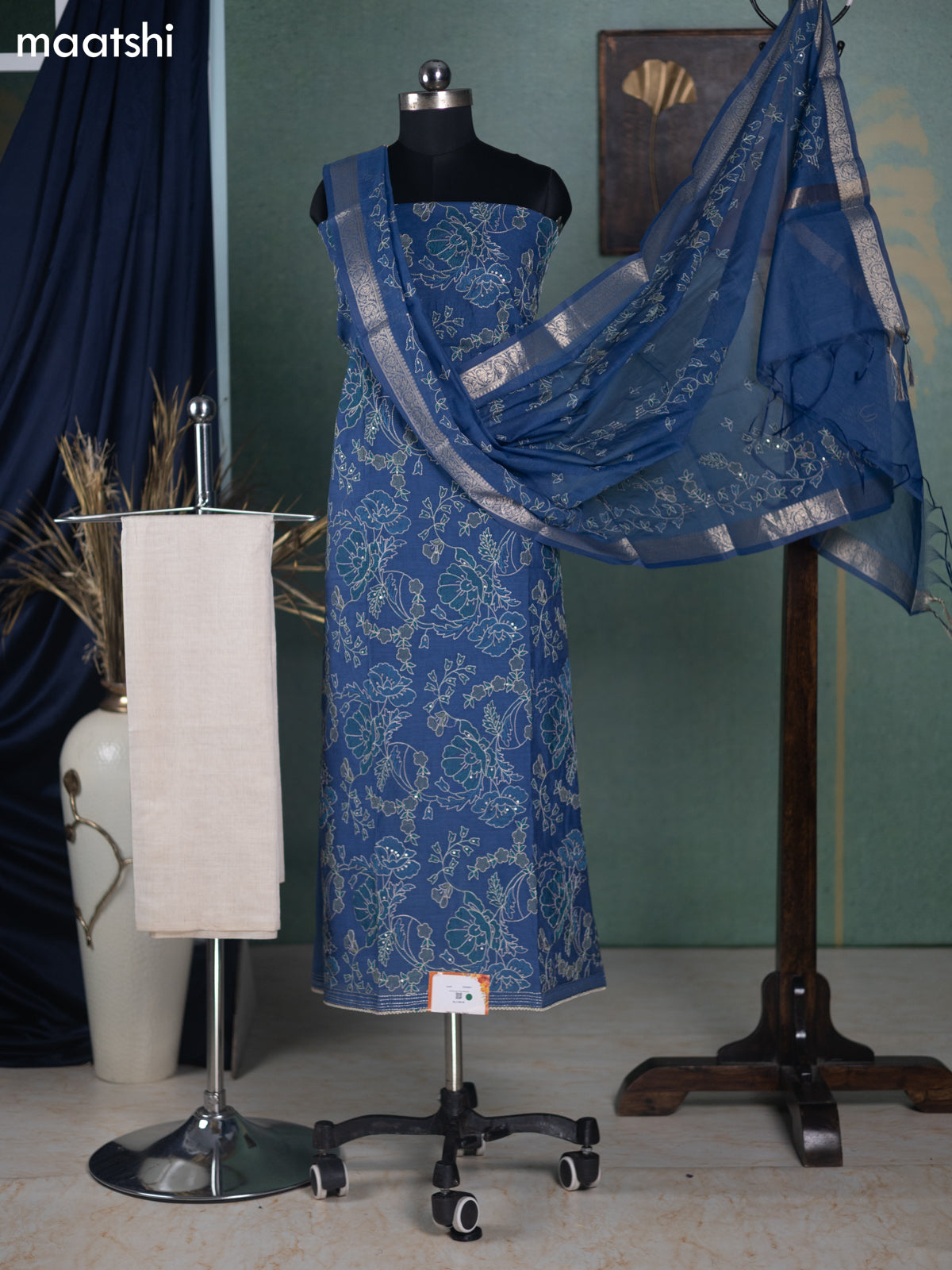 Navy Blue and Off White Mul Chanderi Dress Material With Allover Floral Embroidery Work