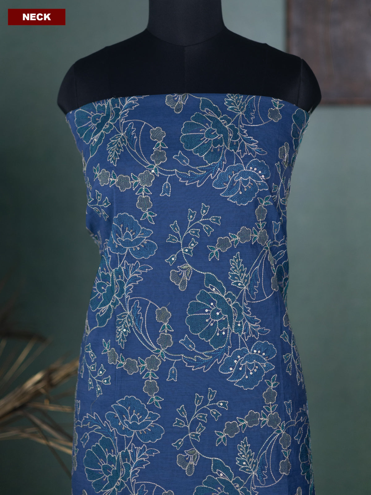 Navy Blue and Off White Mul Chanderi Dress Material With Allover Floral Embroidery Work