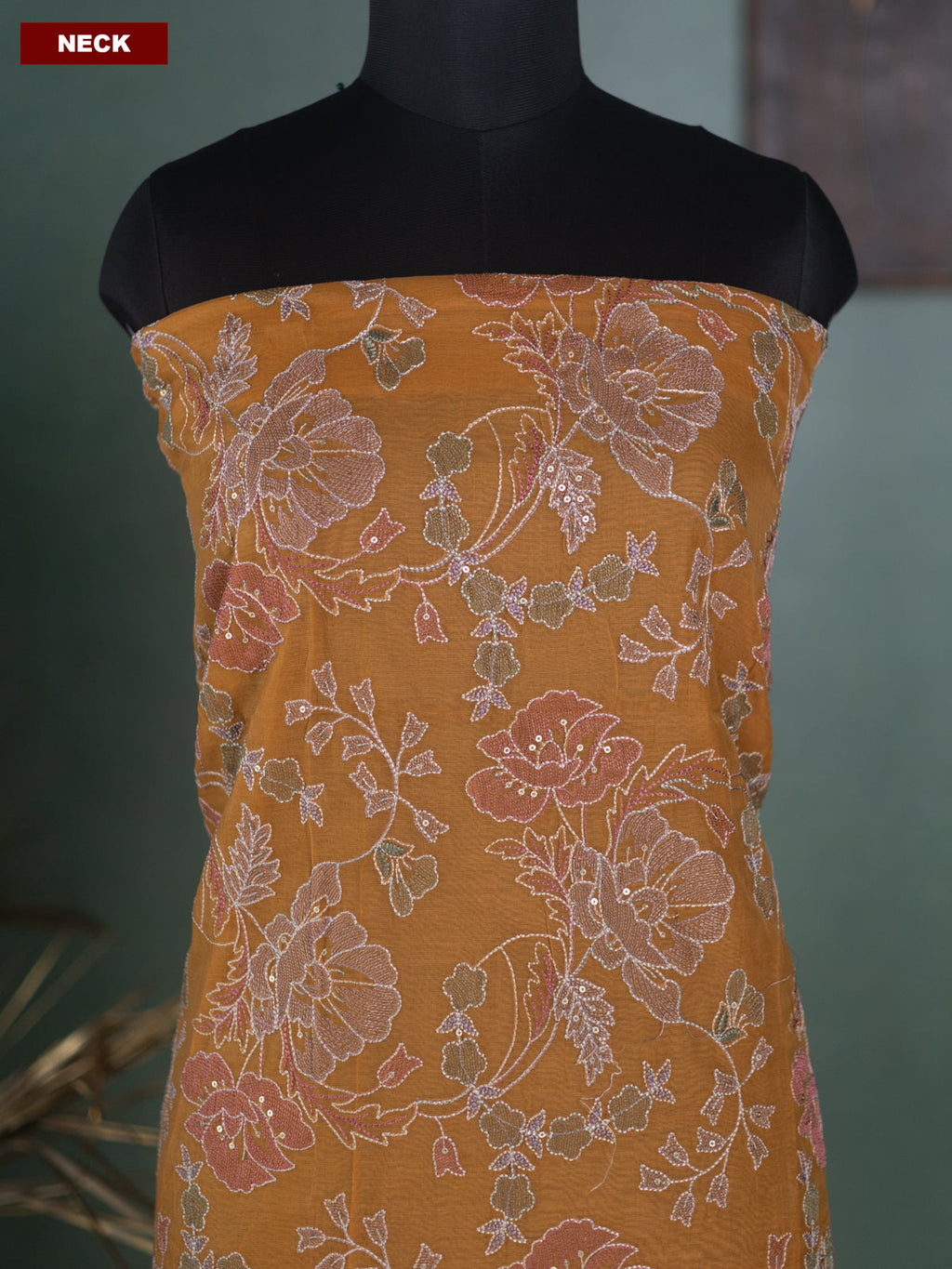 Mustard Yellow and Off White Mul Chanderi Dress Material With Allover Floral Embroidery Work