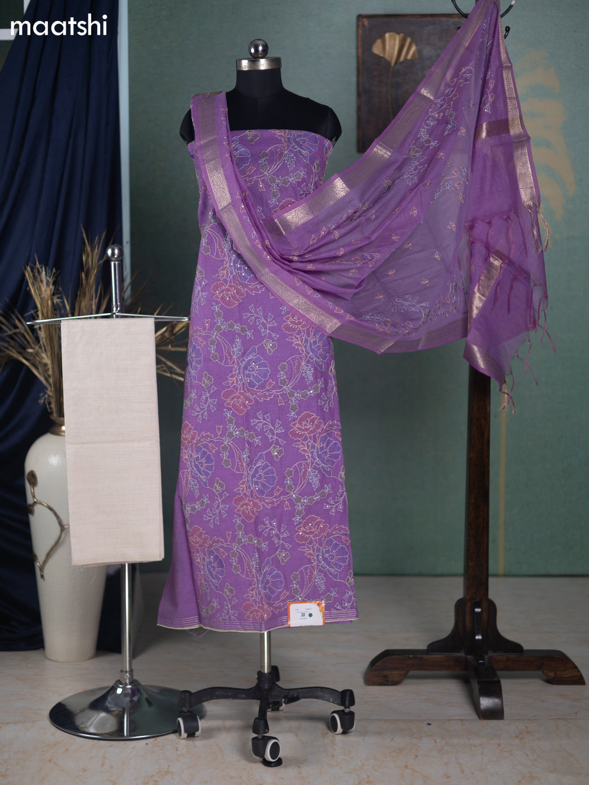 Violet and Off White Mul Chanderi Dress Material With Allover Floral Embroidery Work