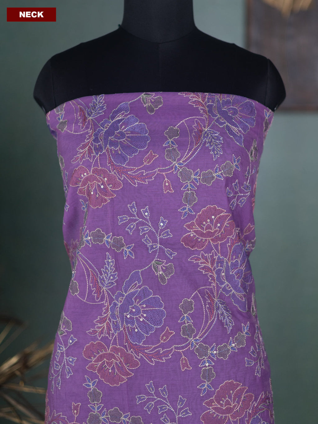 Violet and Off White Mul Chanderi Dress Material With Allover Floral Embroidery Work