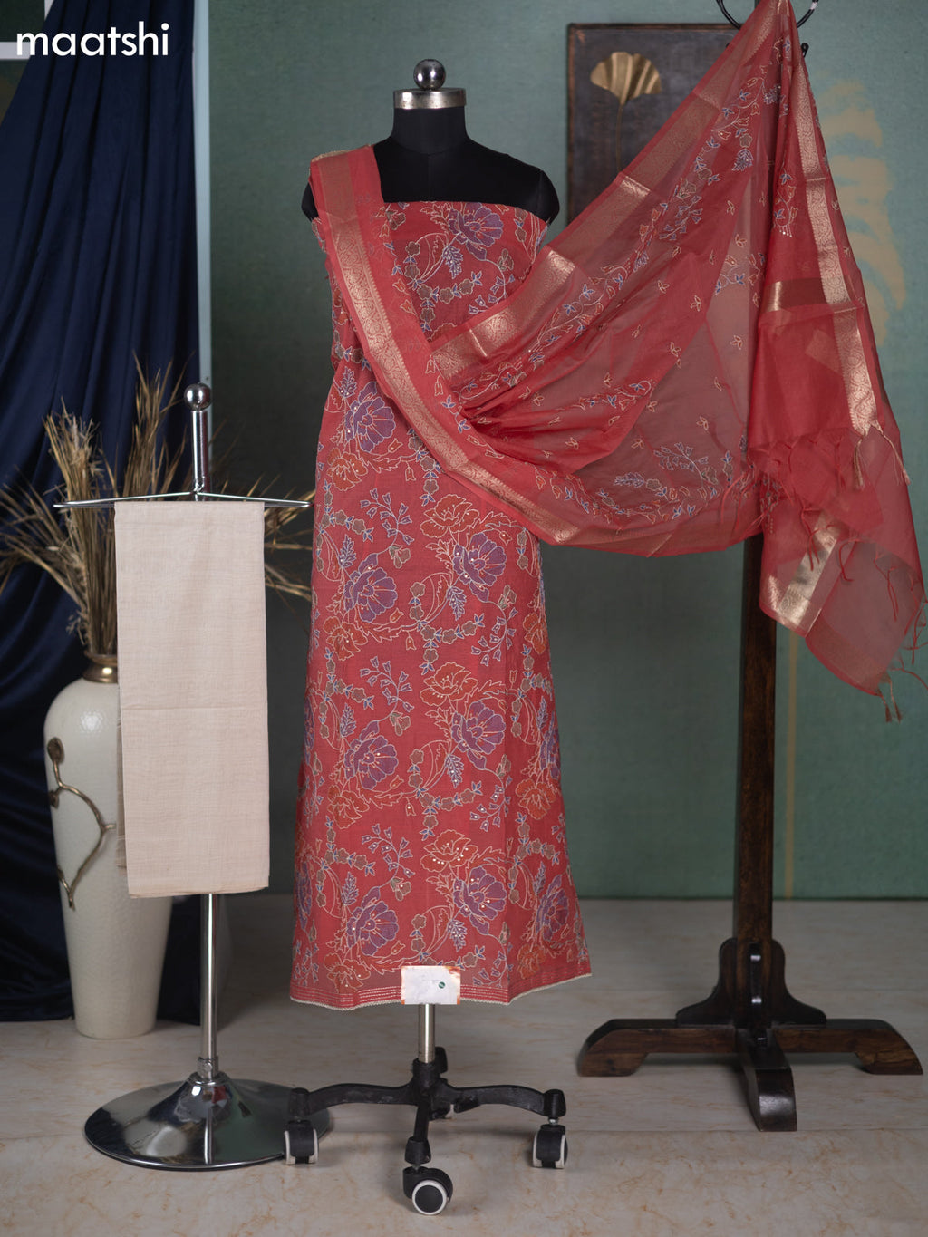 Pink and Off White Mul Chanderi Dress Material With Allover Floral Embroidery Work