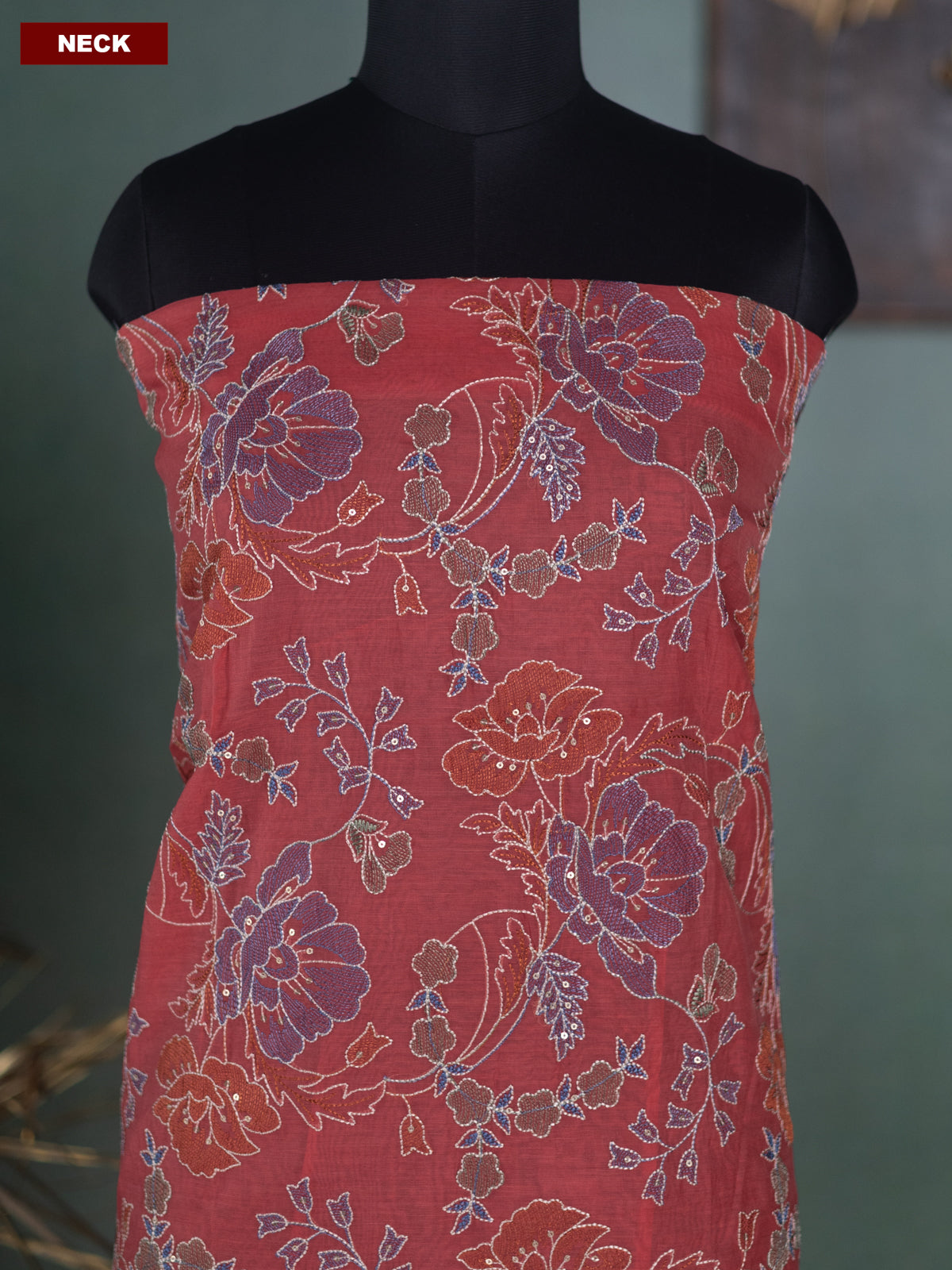 Pink and Off White Mul Chanderi Dress Material With Allover Floral Embroidery Work