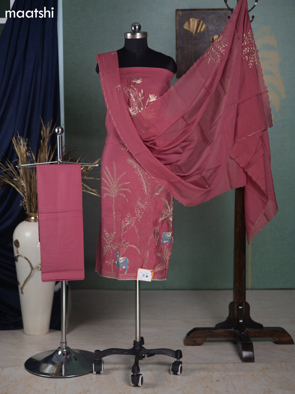 Peach Pink Mul Chanderi Dress Material With Allover Pita Work