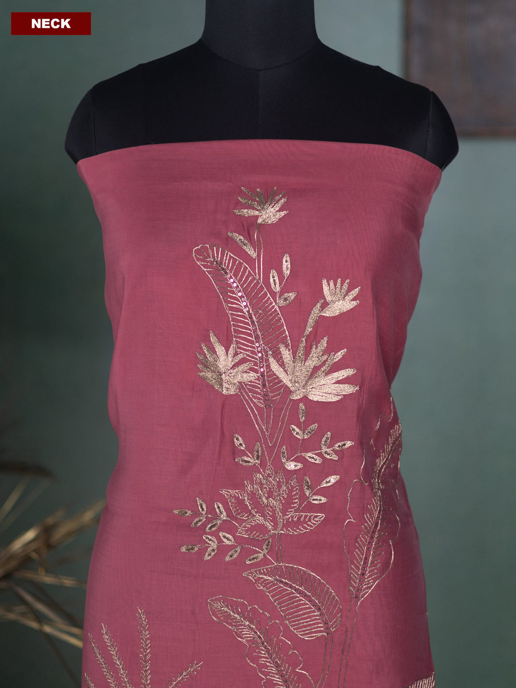 Peach Pink Mul Chanderi Dress Material With Allover Pita Work