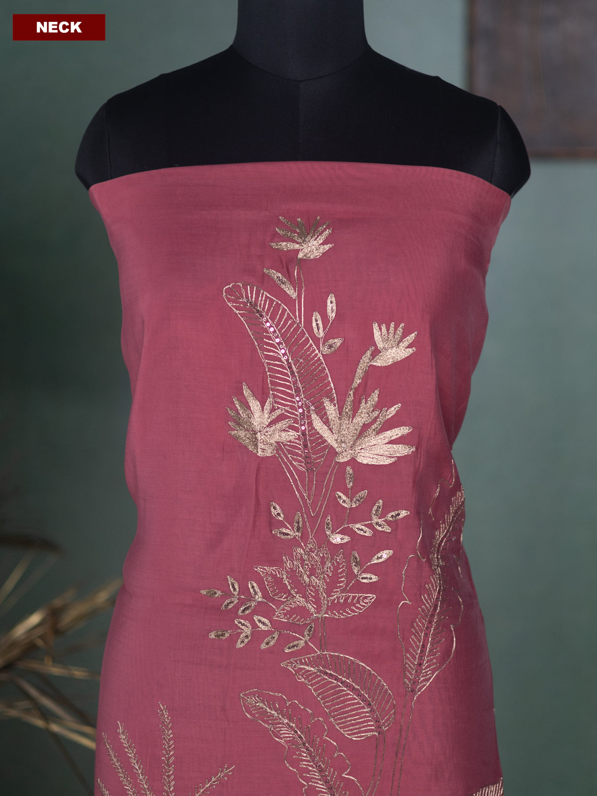 Peach Pink Mul Chanderi Dress Material With Allover Pita Work