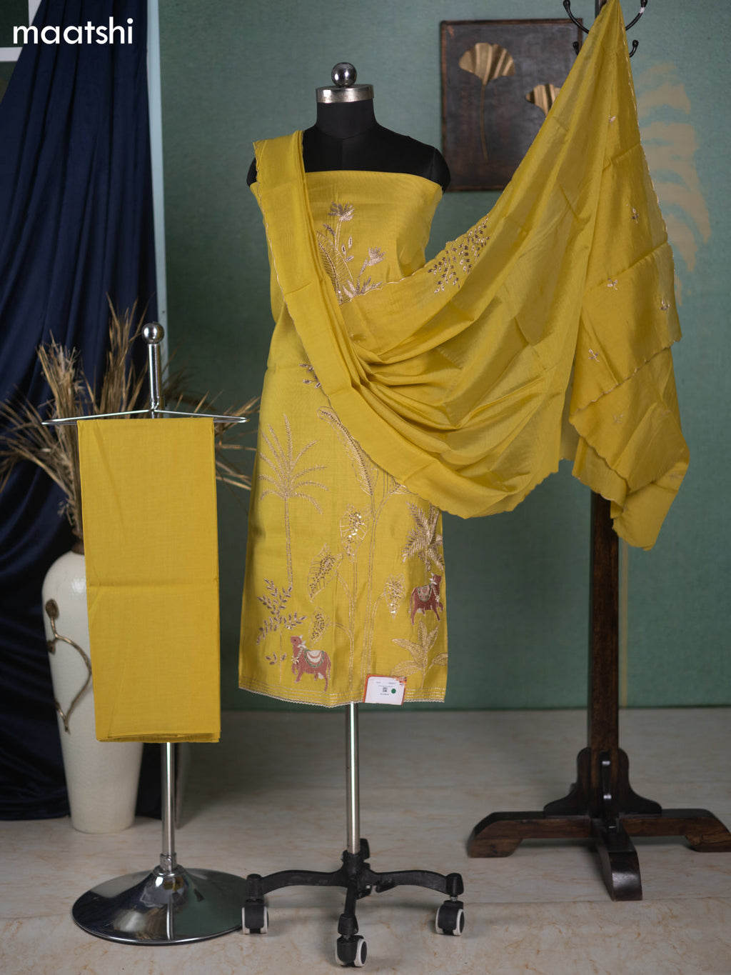 Mustard Green Mul Chanderi Dress Material With Allover Pita Work