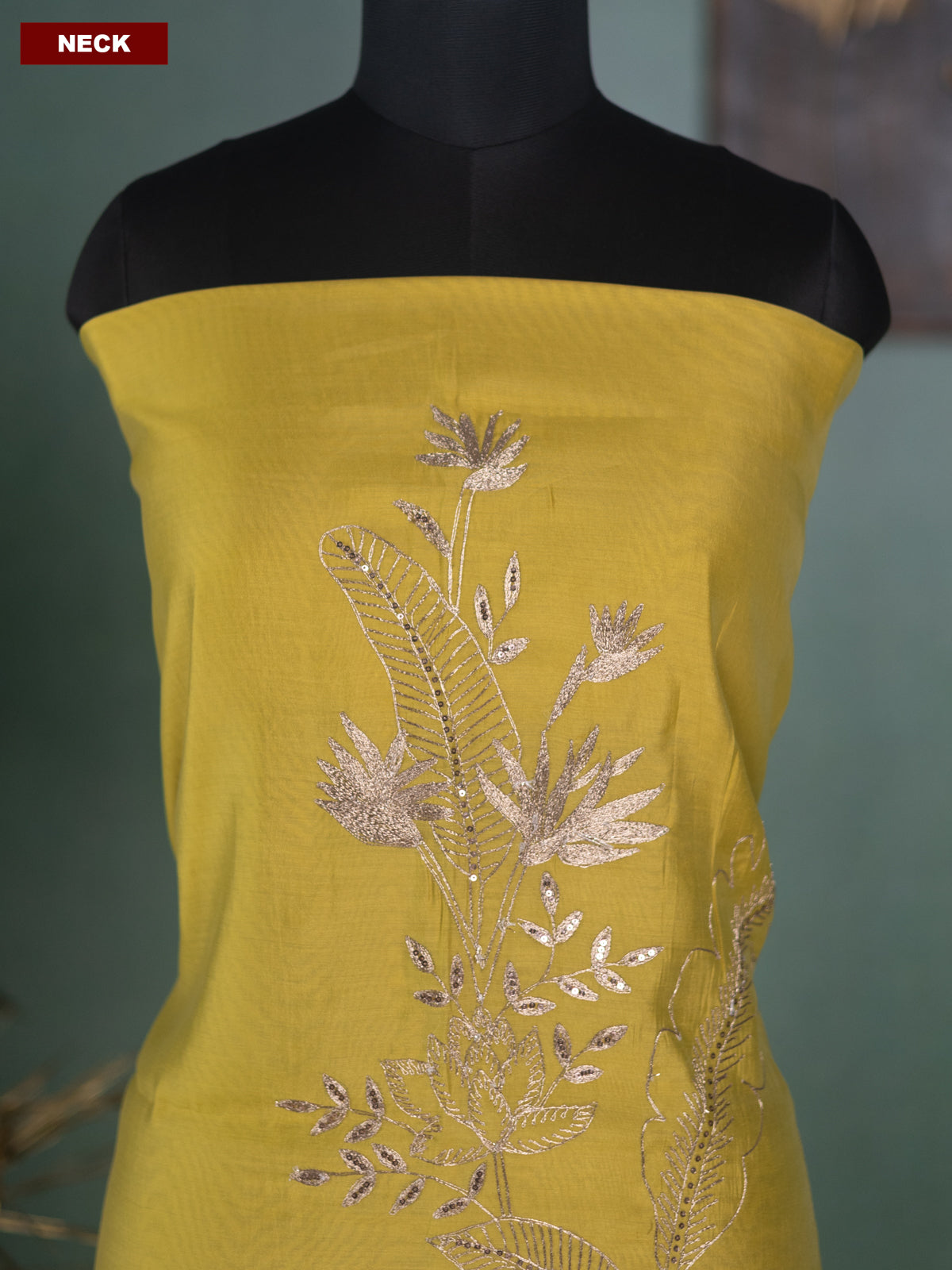 Mustard Green Mul Chanderi Dress Material With Allover Pita Work