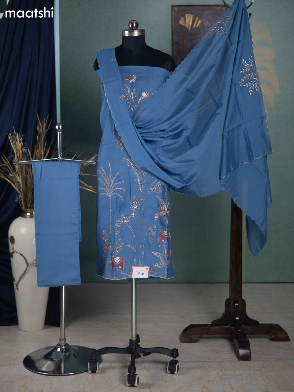 Blue Mul Chanderi Dress Material With Allover Pita Work