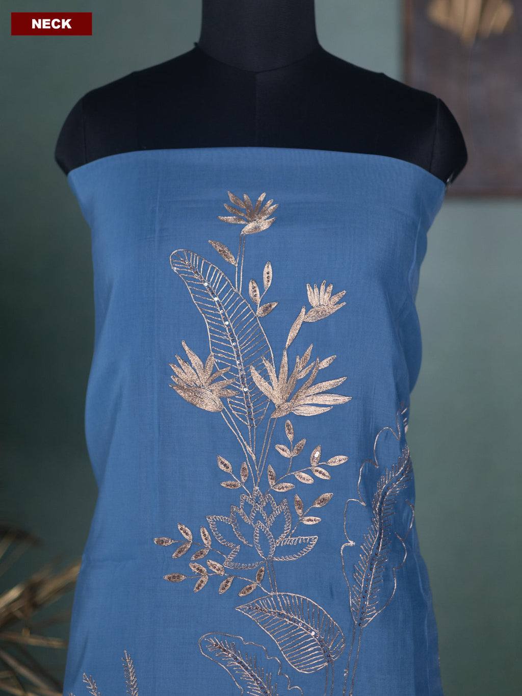 Blue Mul Chanderi Dress Material With Allover Pita Work