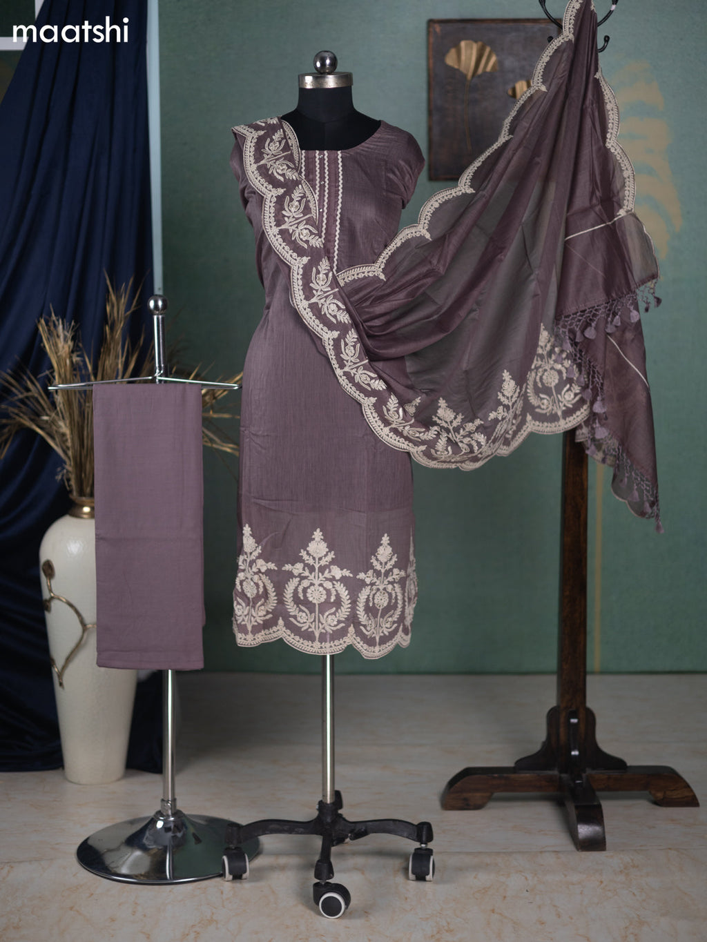 Pastel Brown Mul Chanderi Dress Material With Embroidery Work