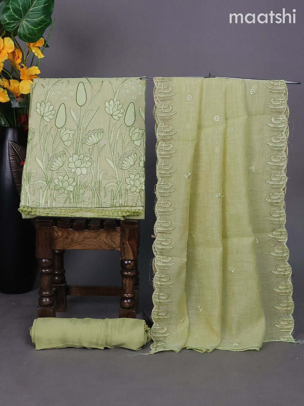 Pista Green Linen Dress Material With Embroidery Work