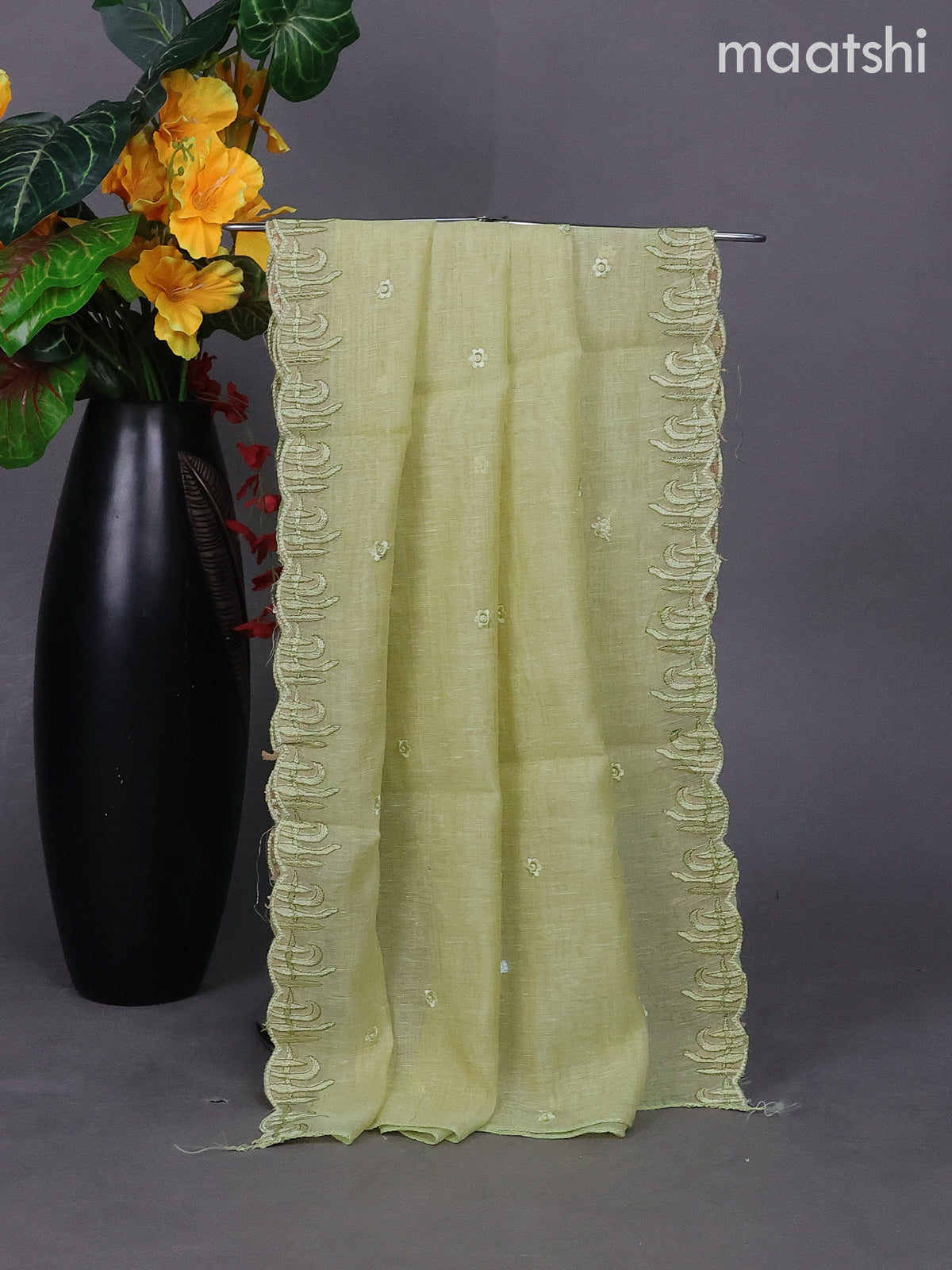 Pista Green Linen Dress Material With Embroidery Work
