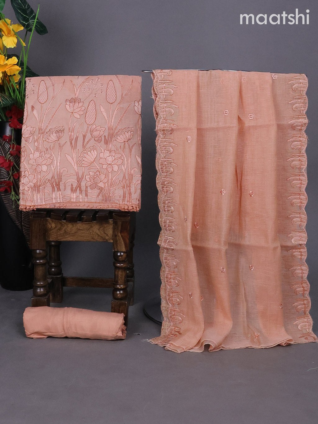 Peach Shade Linen Dress Material With Embroidery Work