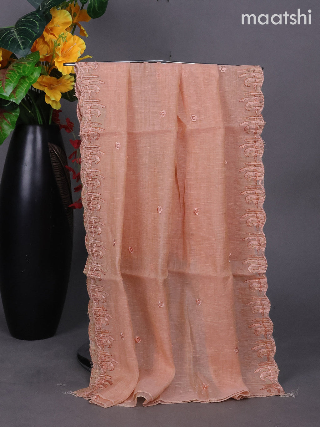 Peach Shade Linen Dress Material With Embroidery Work