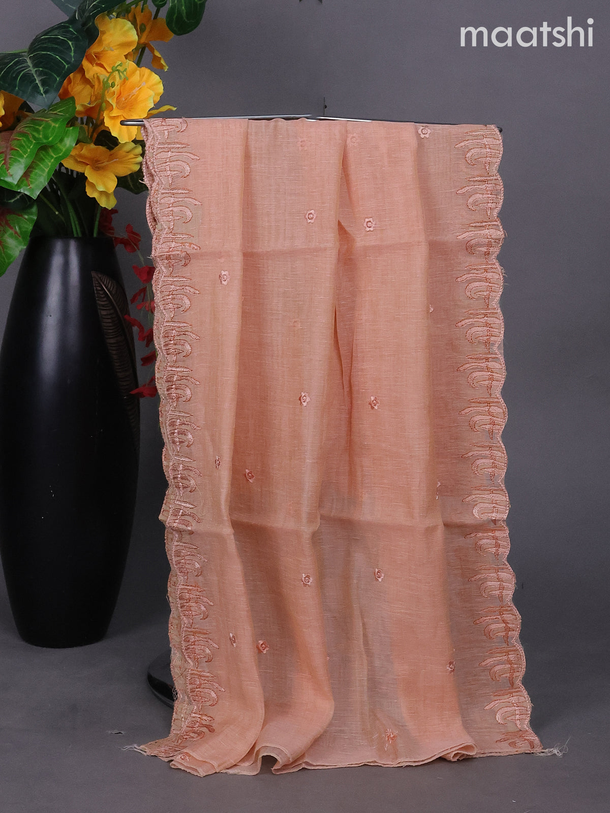 Peach Shade Linen Dress Material With Embroidery Work