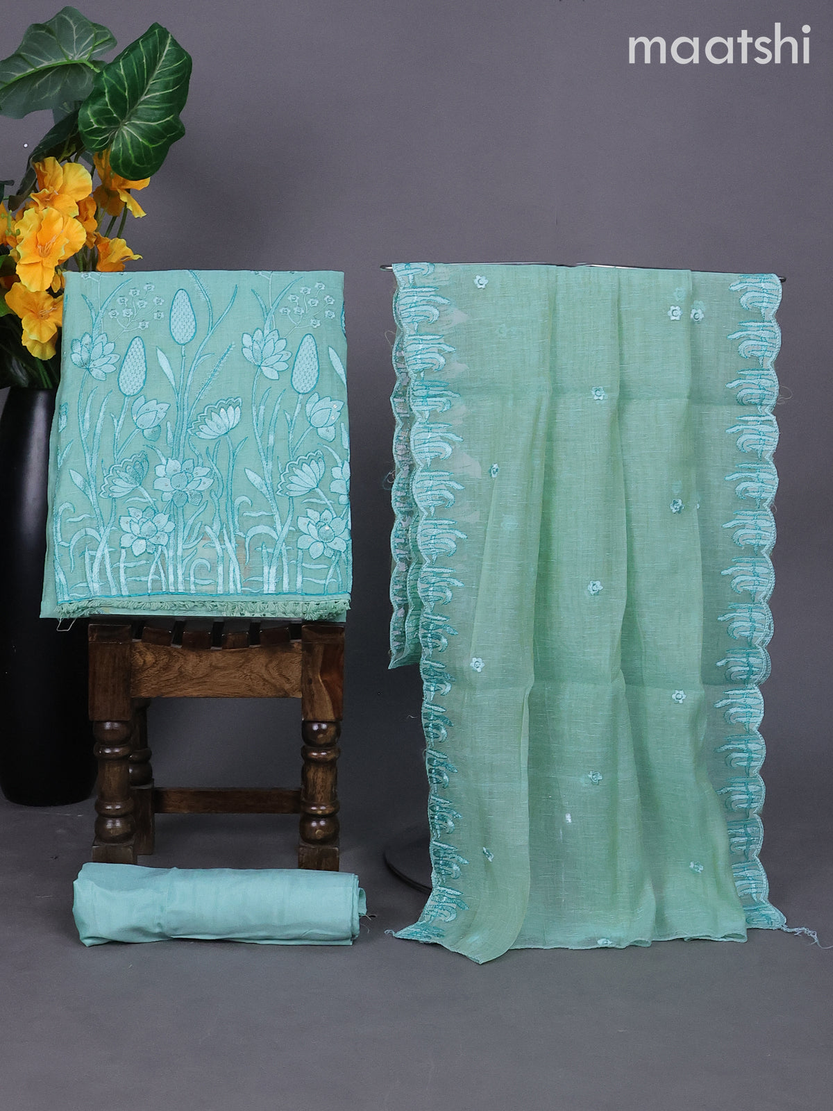 Teal Blue Linen Dress Material With Embroidery Work