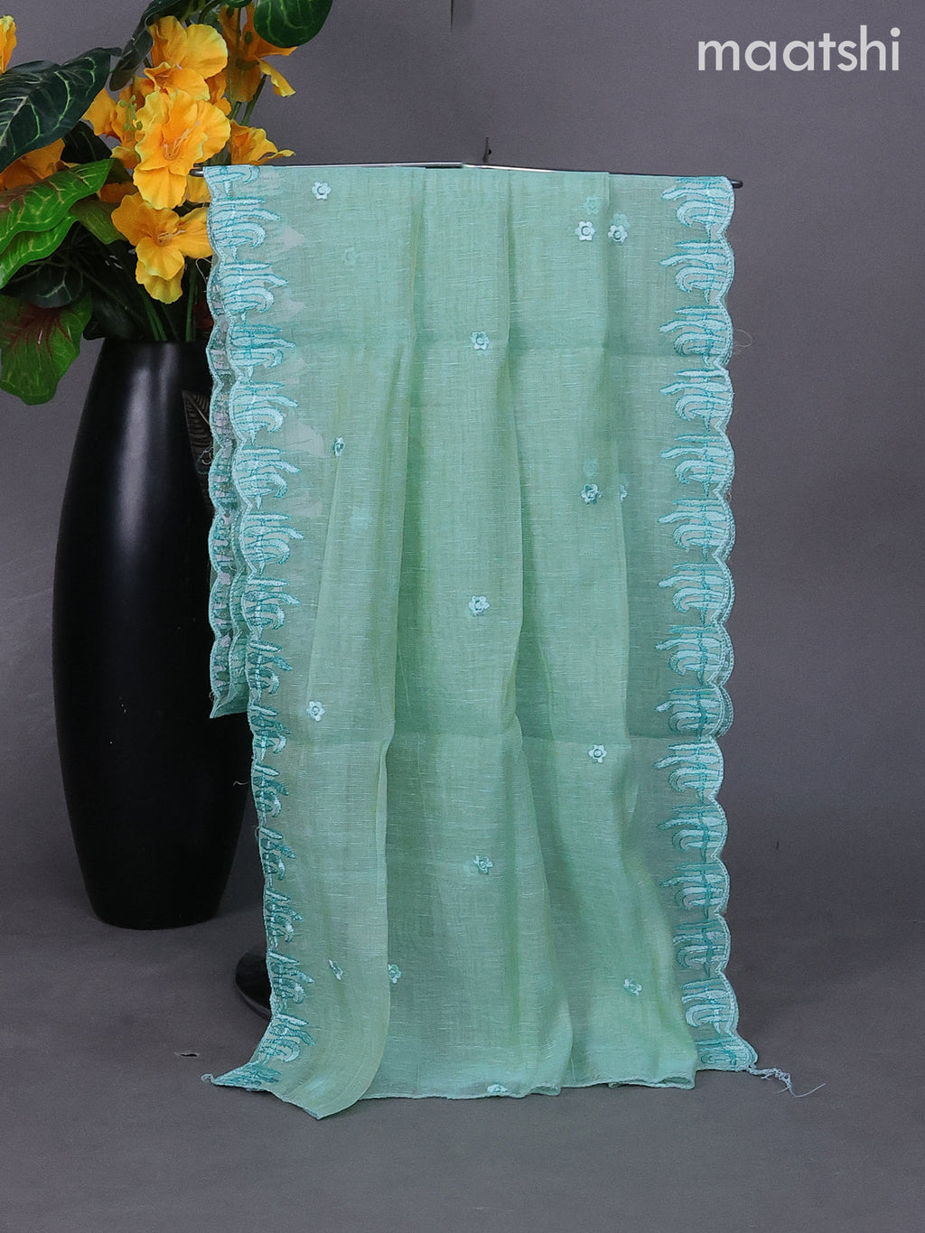 Teal Blue Linen Dress Material With Embroidery Work