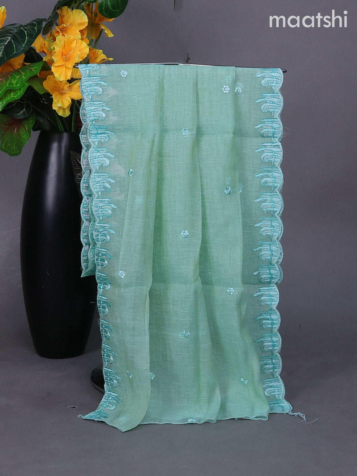 Teal Blue Linen Dress Material With Embroidery Work