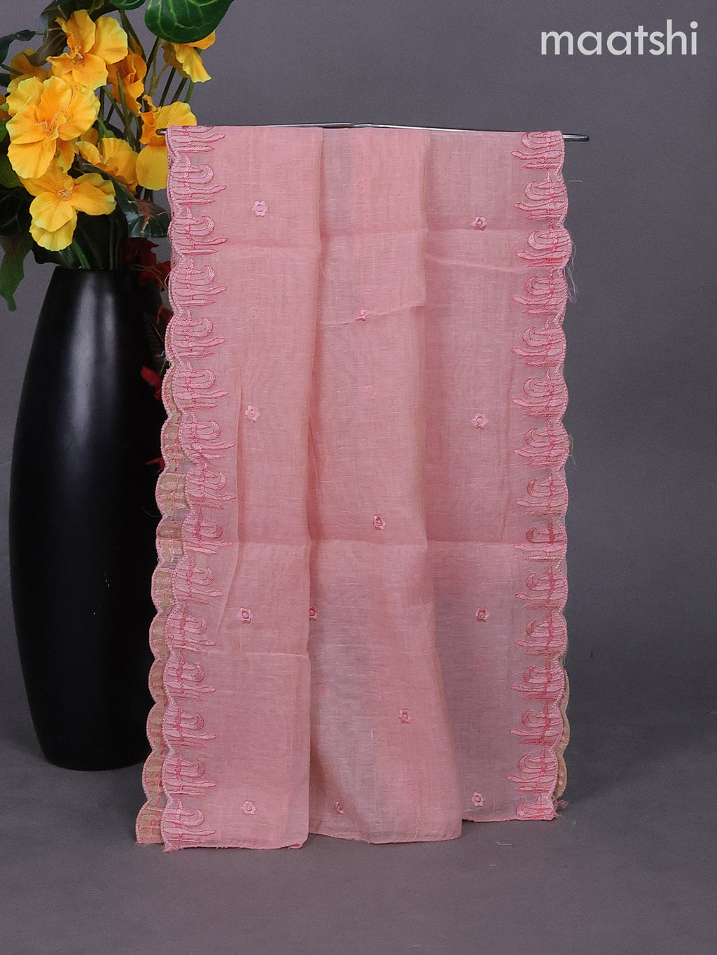 Peach Pink Linen Dress Material With Embroidery Work Buttas
