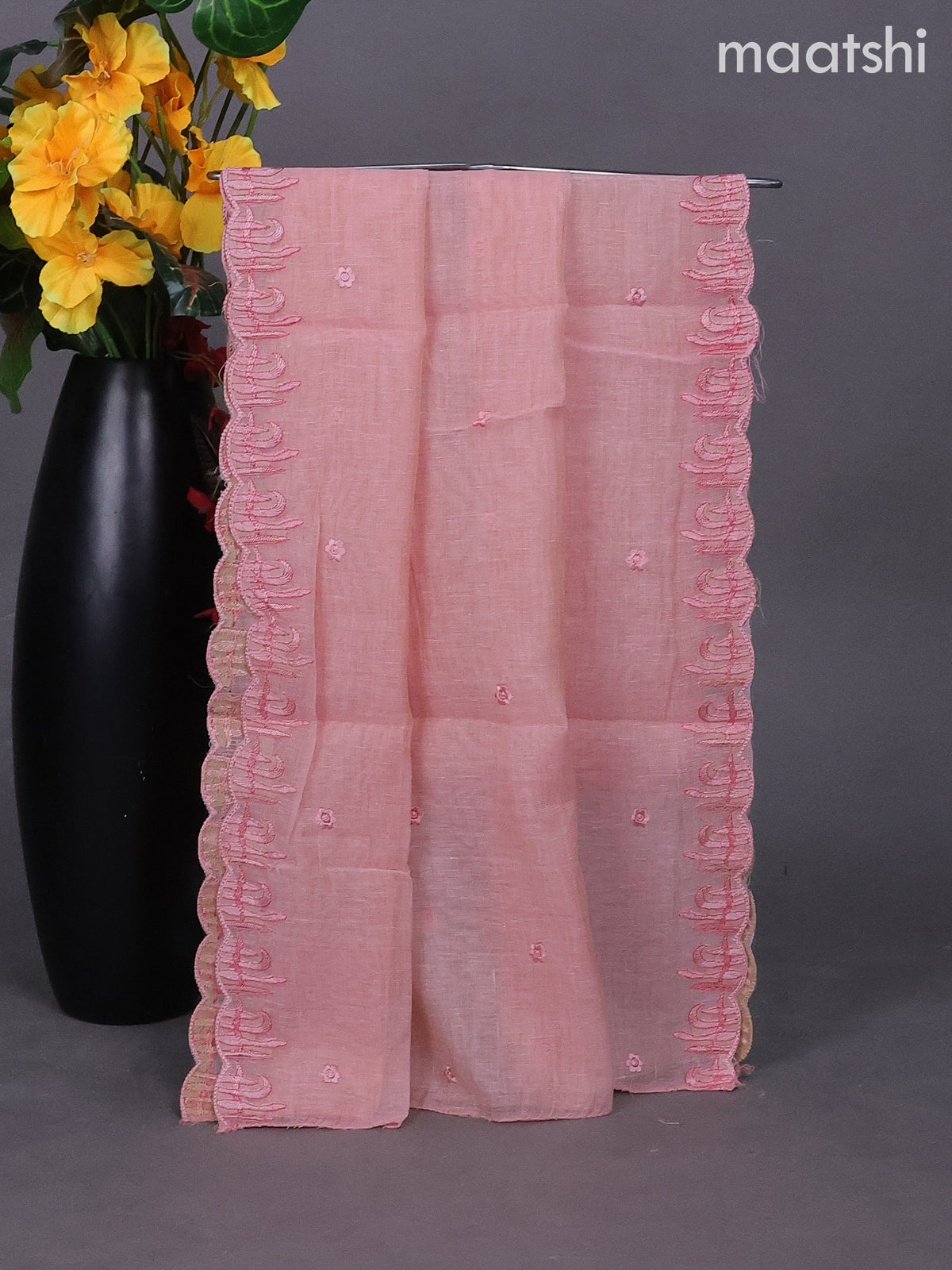 Peach Pink Linen Dress Material With Embroidery Work Buttas