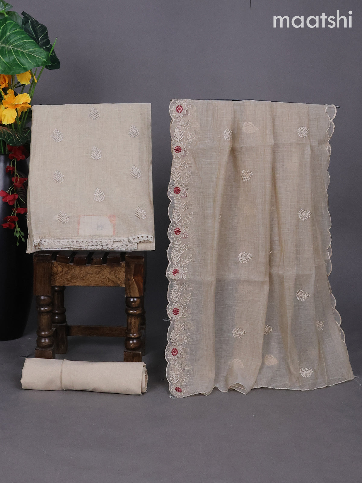 Beige and Maroon Linen Dress Material With Embroidery Work Buttas