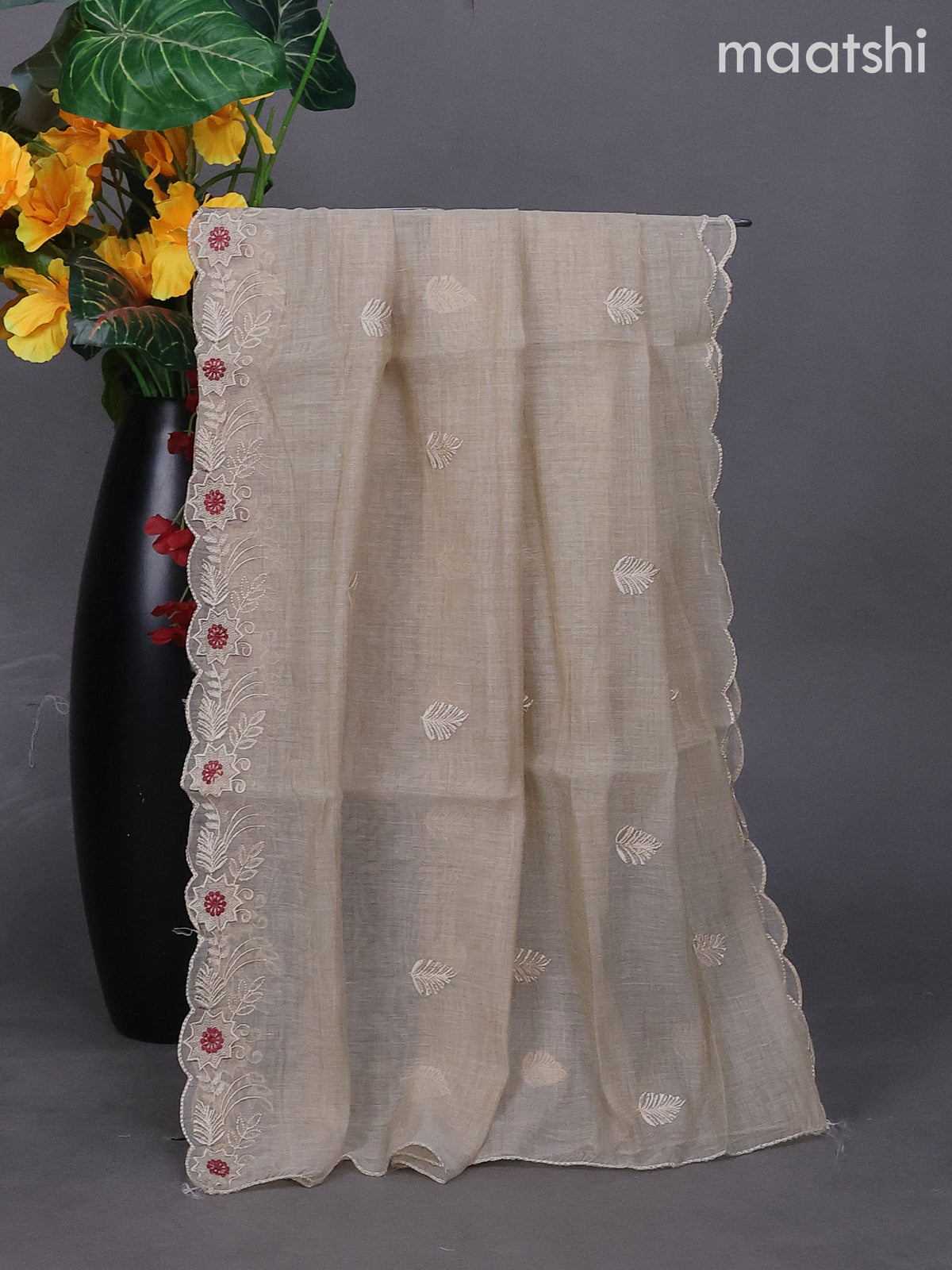 Beige and Maroon Linen Dress Material With Embroidery Work Buttas