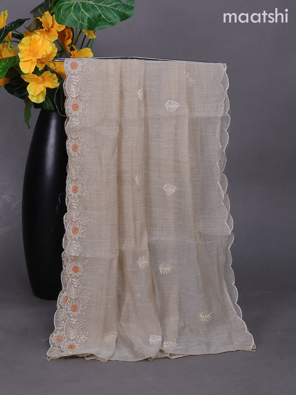 Beige and Peach Orange Shade Linen Dress Material With Embroidery Work Buttas