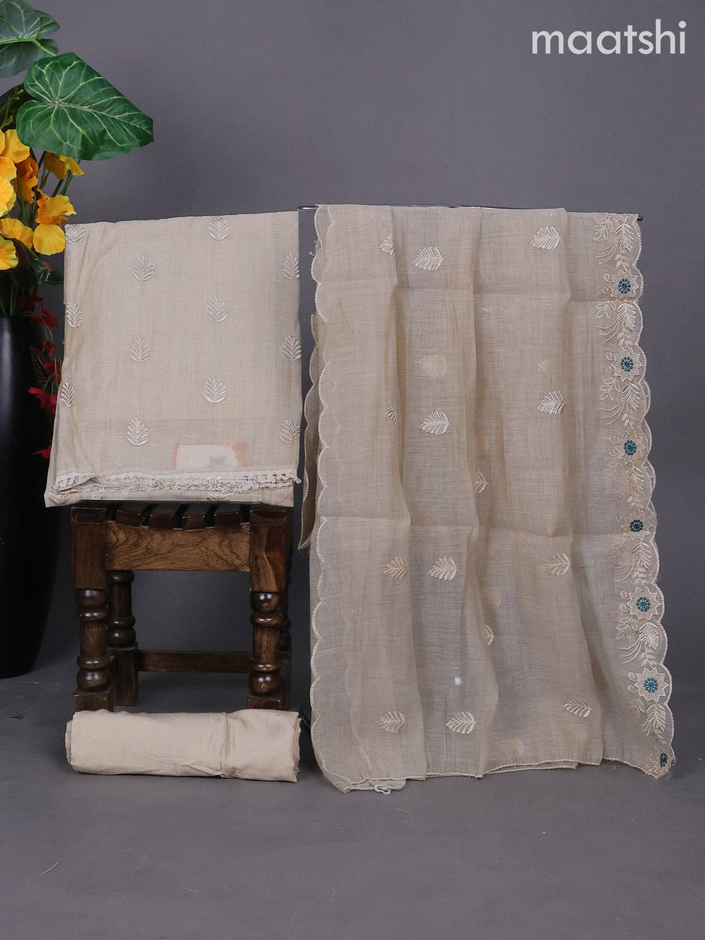 Beige and Teal Green Linen Dress Material With Embroidery Work Buttas