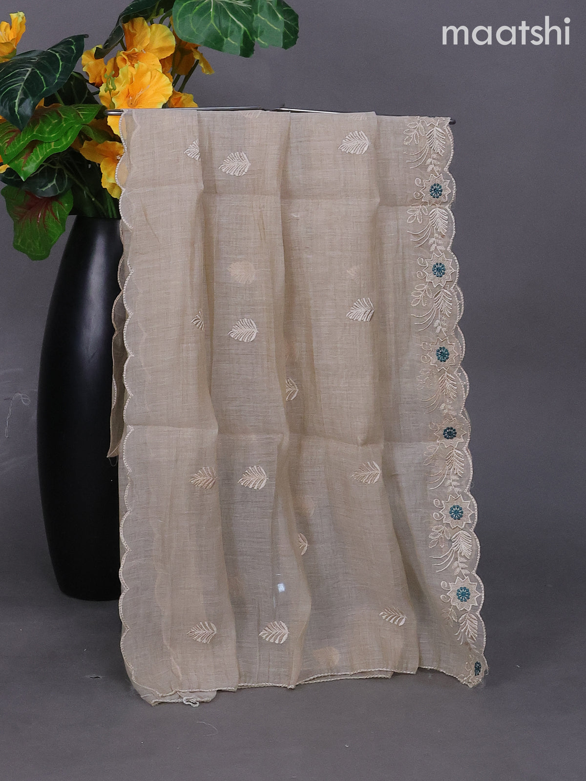 Beige and Teal Green Linen Dress Material With Embroidery Work Buttas