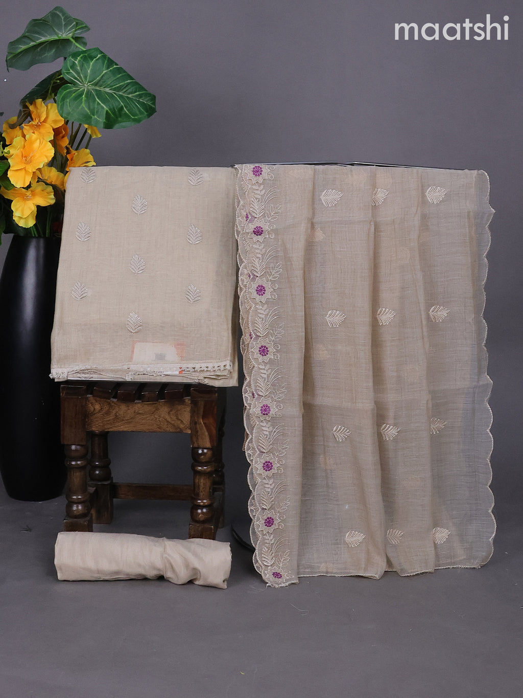 Beige and Purple Linen Dress Material With Embroidery Work Buttas