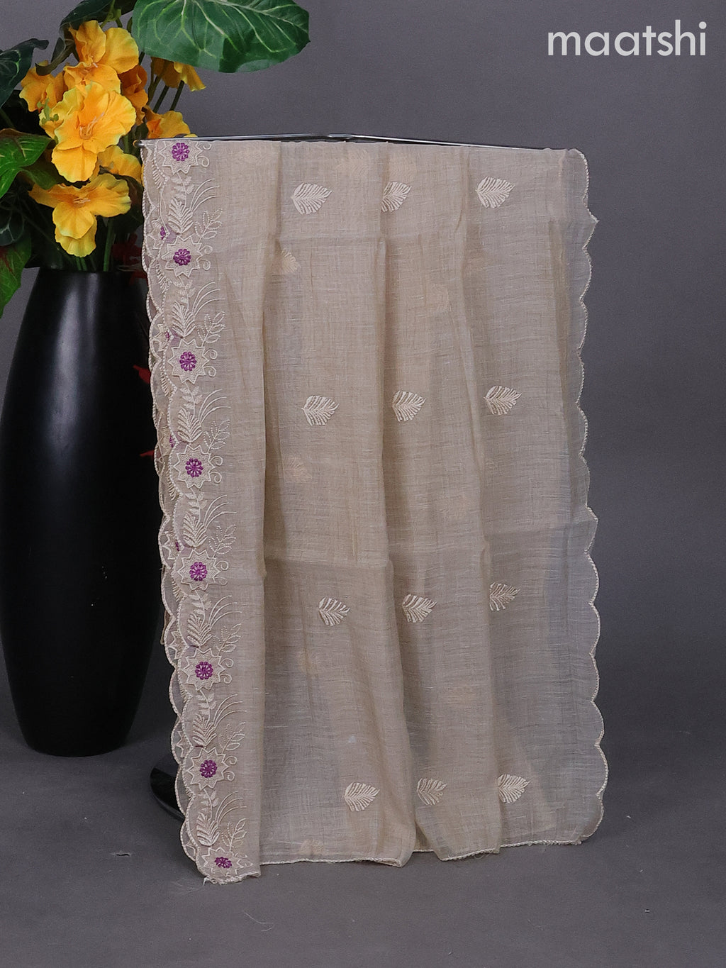 Beige and Purple Linen Dress Material With Embroidery Work Buttas