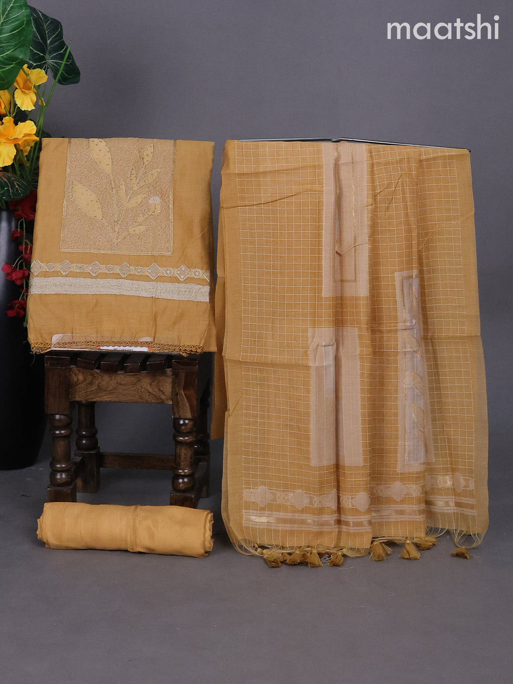 Mustard Shade Munga Cotton Dress Material With Thread & Zari Buttas