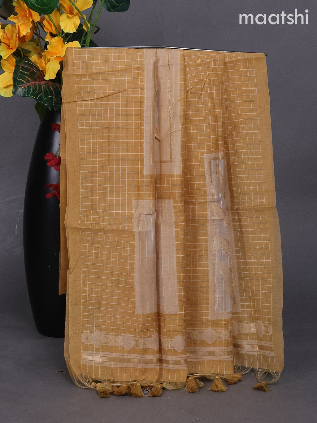 Mustard Shade Munga Cotton Dress Material With Thread & Zari Buttas