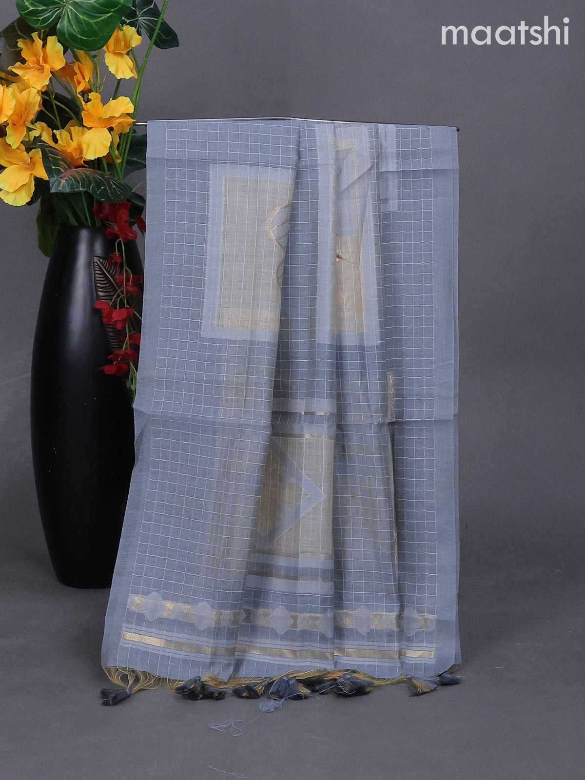 Greyish Blue Munga Cotton Dress Material With Thread & Zari Buttas