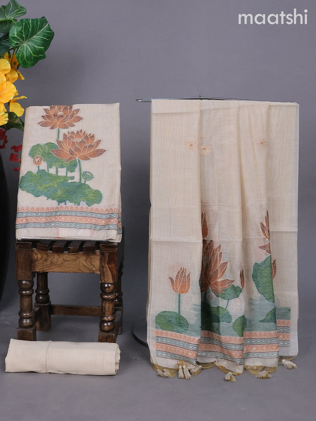 Beige Munga Cotton Dress Material With Thread & Zari Buttas