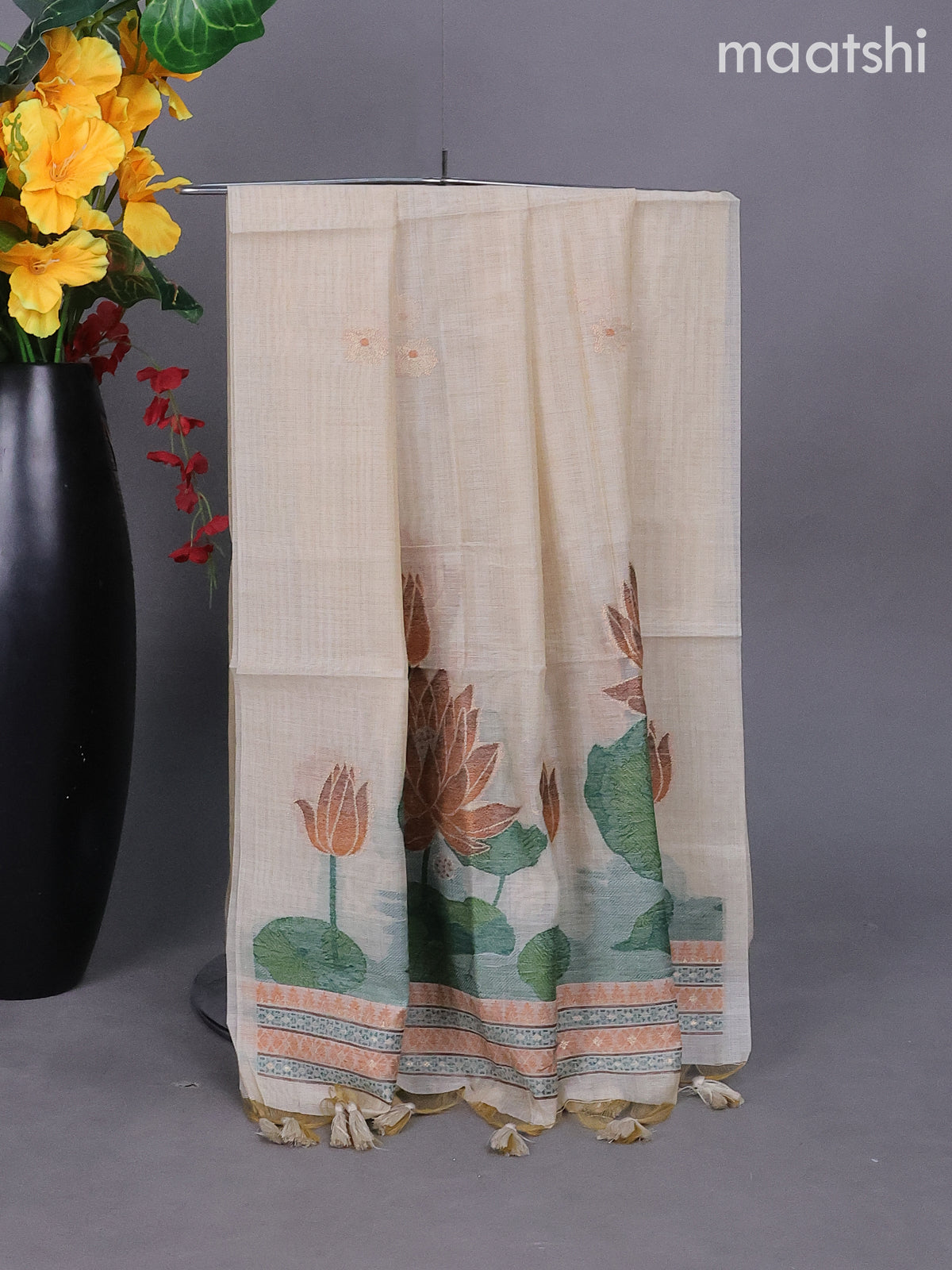 Beige Munga Cotton Dress Material With Thread & Zari Buttas