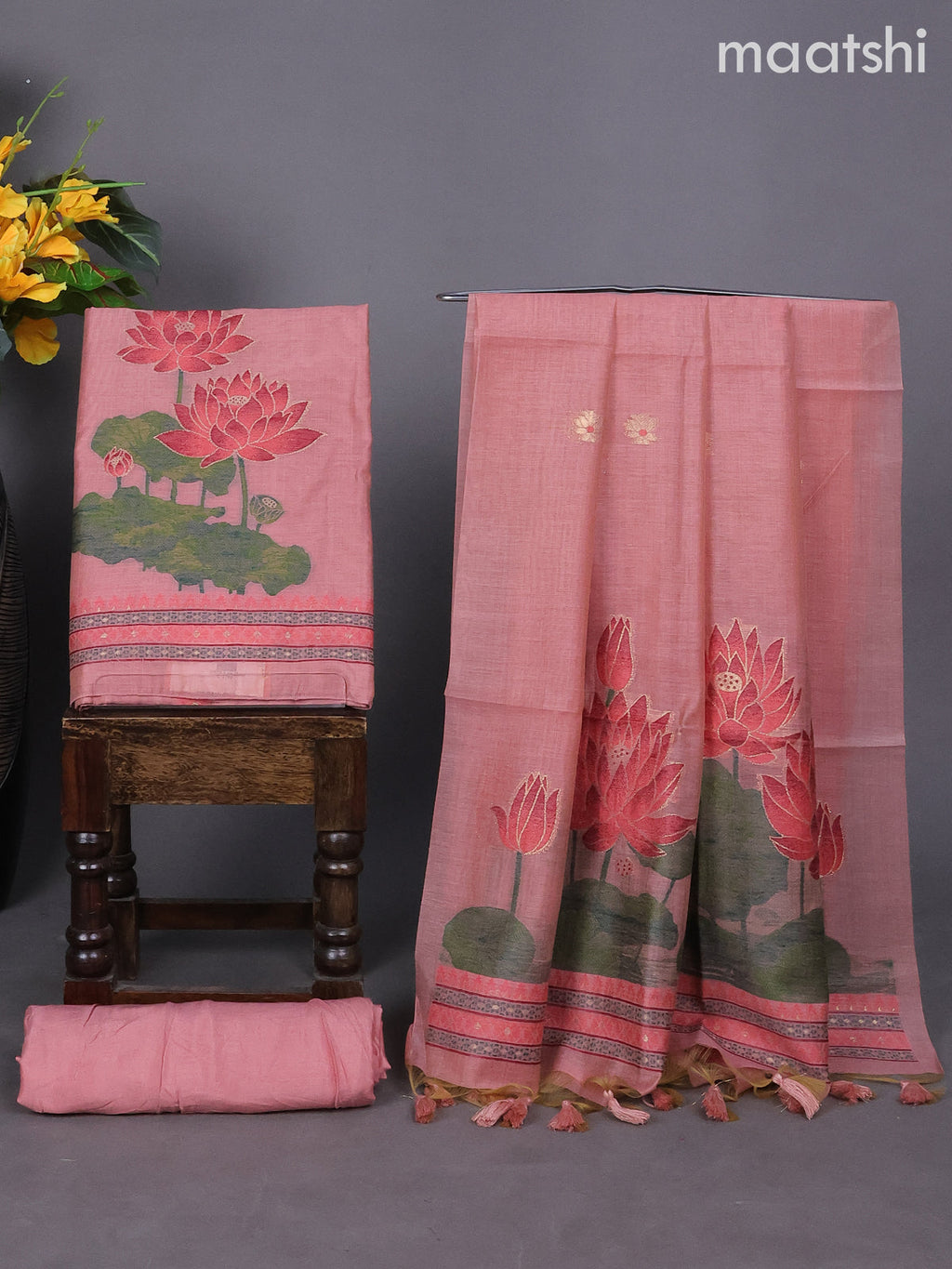 Peach Shade Munga Cotton Dress Material With Thread & Zari Buttas